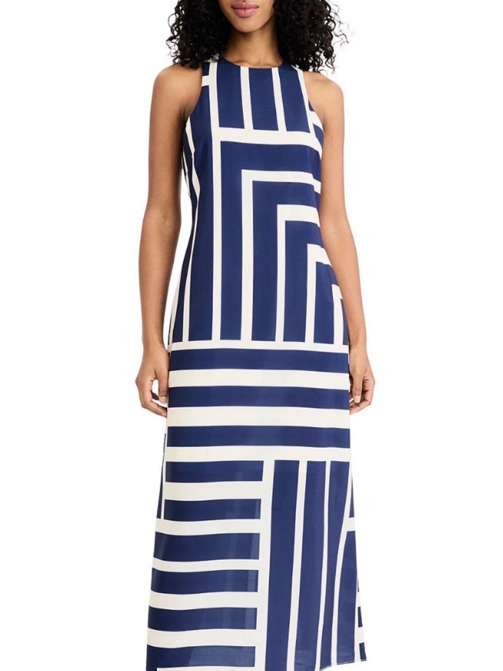 Donna Morgan Navy and White Geometric Halter Maxi Dress